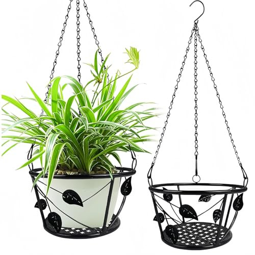 Goaste 2 Pack Metal Plant Hanger, Hanging Plant Holder with Ceiling Hook, Modern Plant Hanging Basket, Decorative Planter Flower Pots Shelf for Indoor Outdoor Use, Home Decor