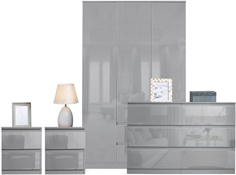 Blisswood High Gloss 4 Piece Bedroom Set With 3 Door Wardrobe & 6 Drawer Chest of Drawer + 2 Drawer 2 Bedside Table Cabinet Bedroom Furniture Set for Bedroom Storage furniture (Grey)