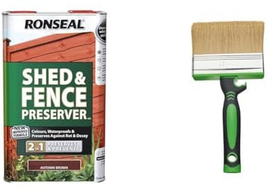 Ronseal RSLSFAB5L 5 Litre Shed and Fence Preserver - Autumn Brown & Fit for The Job 4 inch Large Capacity Shed and Fence Block Brush for Rapid Painting