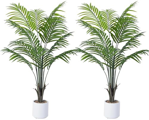 Artificial Areca Palm Tree 4FT Fake Potted Plant 2 Pack Faux Silk Tropical Areca Palm with 12 Trunks & Real Bark Design, Large Aritificial Plant in Pot for Home Living Room House Warmming Floor Decor