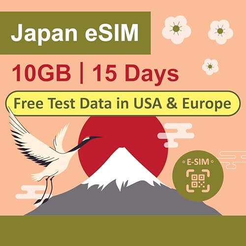 Japan Data NUR eSIM-Karte 15 Tage|10 GB 5G LTE-Internetdaten|KOSTENLOSE Testdaten 100 MB/1 Tag in Europa|Reise-eSIM-Karte|Duale lokale japanische Netzbetreiber, Softbank und KDDI|短期帰国・短期来日最適・安心日本語サポート