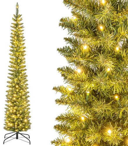 COSTWAY Arbol de Navidad con Luces Incorporadas 210 CM, Arbol de Navidad Slim/Estrecho, 499 Puntas, 200 Luces LED Blancas Cálidas, Arvore de Natal Casa Oficina Escuela Tienda