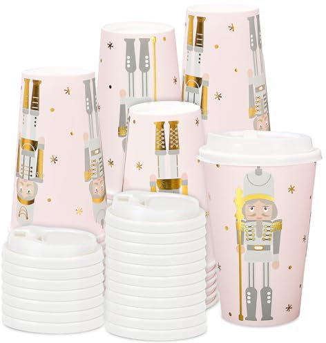 JarThenaAMCS 50Pcs Christmas Coffee Cups with Lids 16oz Gold Foil Pink Nutcracker Paper Cups Disposable To Go Coffee Cups for Winter Holiday Cafes Shops Cappuccino Chocolate Beverage Cocoa