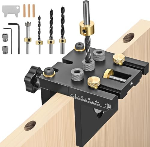 comeder 6/8/10/15 mm Dima di Foratura per Costruzione di Mobili, Kit Dima per Tasselli in Legno 3-in-1, Guida di Foratura Regolabile con Fermaglio di Posizionamento per Fori di Tasselli Precisi