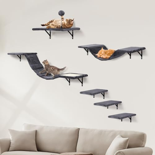 Juego de pared de escalada para gatos XXL con escalera para gatos, hamaca, puente para gatos, tabla para rascar y árbol rascador, juego de muebles de pared para gatos, 6 piezas, elementos de pared