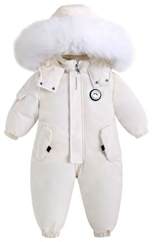 Enfant Habit de Neige Barboteuse Garçons Combinaison de Ski Hiver Chaud Neige Toison Veste Étanche Amovible Col de Fourrure Coupe-Vent Tenues Blanc 12-18 Mois