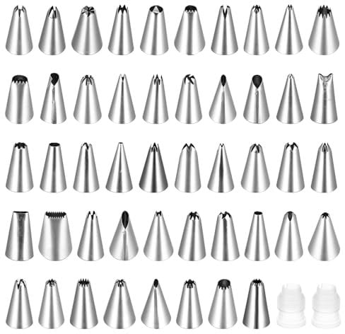 Oruola Lot de 50 embouts de décoration de gâteaux en acier inoxydable - 48 motifs différents - 2 coupleurs en plastique réutilisables pour décoration de gâteaux et cupcakes