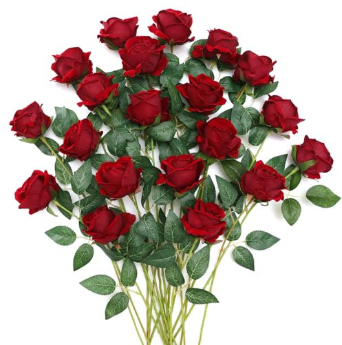 JUSTOYOU 20 PCS Burgund rote Rose künstliche Blume, Seide blühende Rose mit Stiel, künstliche Rose Bouquet Realistische Blume für Home Table Office Party Hochzeit Garten Arrangements (Burgunderrose)