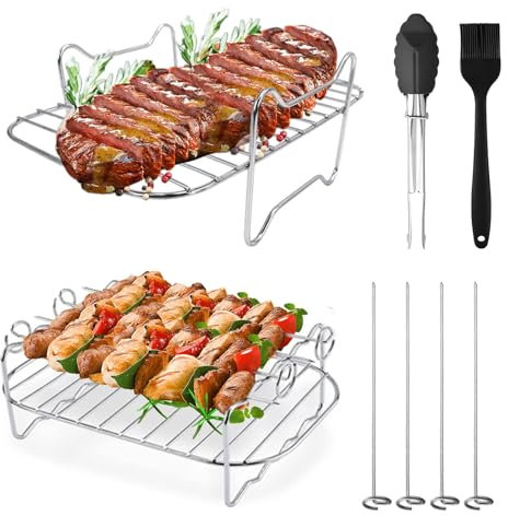 FANWINKJ 2-teiliges Grillrost-Set für Heißluftfritteuse – 304 Edelstahl, stapelbar mit 4 Spießen, 1 Ölpinsel & Klammer – Kompatibel mit Ninja Dual Zone AF300EU/AF400EU