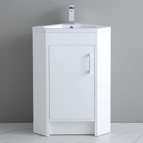 Robanmoa Modern Corner Bathroom Cabinet Vanity Floorstanding Vanity Unit with Basin Overflow Ceramic Sink Wash Basin Compact Freestanding Vanity Units Waterproof Storage Cabinets 635mm (Gloss White)
