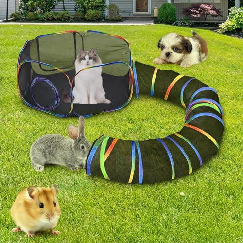 HEYOUTH Parc Portatif pour Animaux De Compagnie avec Tunnel,Tentes Pliable pour Chat pour l'extérieur,Ouvert Et Respirant Parc Portatif pour Chiots Chats, Lapins, et Autres Petits