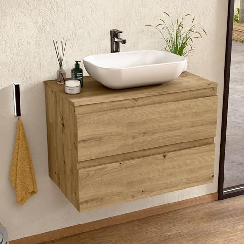 BELLOBATH - Mueble Baño Suspendido con Lavabo de Cerámica, Mueble Baño con Lavabo Montado con 2 Cajones, 80 x 55 x 46 cm, Mueble Roble