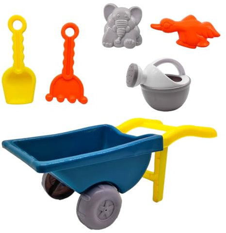 Acan Tradineur - Carretilla de Playa con Pala, rastrillo, Mini regadera y moldes, Juguete de plástico, niños, Jugar en la Arena, Playa, Parque, 6 Piezas