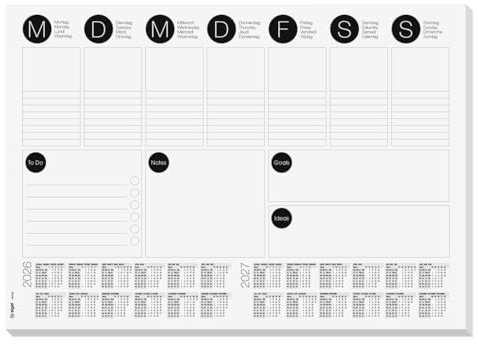 SIGEL H6506 Papier-Schreibtischunterlage A3, Kalender 2026 2027, Wochenplaner, To-Do-Liste, 30 Blatt, Schreibunterlage aus nachhaltigem Papier