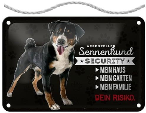Blechschild mit Kordel 18 x 12 cm Appenzeller Sennenhund Security Mein Haus mein Garten Dein Risiko - Blechemma
