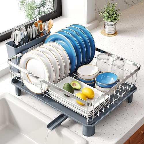 SNTD Dish Drying Rack - Small Dish Rack for Kitchen Counter, Stainless Steel Dish Drainer with Utensil Holder and Drainboard, 11 W x 15 L (Silver)