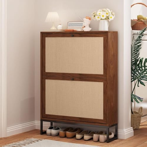 GuannCraft Schuhschrank aus Holz mit Zwei Türen, Aufbewahrungs-Organizer für den Eingangsbereich, Schuh-Organizer aus Holz für Flur, Wohnung (Einzelschicht, Nussbaum)