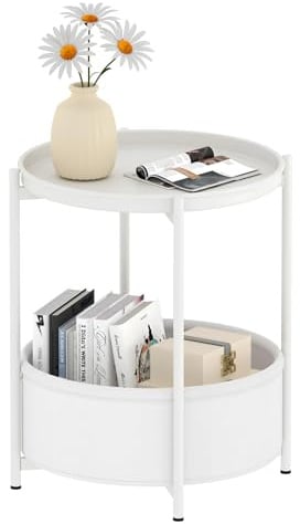 Garden 4 you Side Table, Round End Table with Fabric Basket, 2-Tier Sofa Side Tables, Bedside Tables, Nightstand for Living Room, Bedroom, Office, Modern Style, White