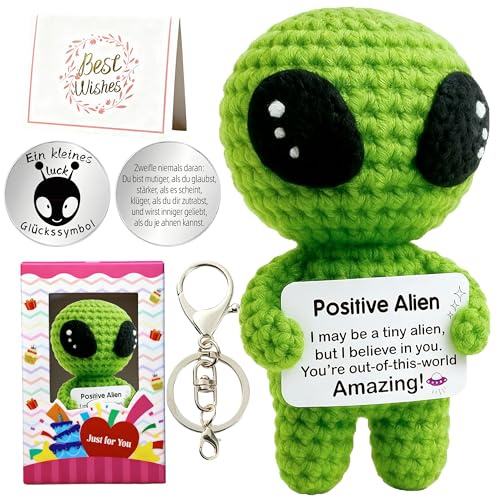 MLZTINGR Häkelfigur Alien + Positivkarte - Chef-Tag Geschenke, Weihnachtswichtelgeschenke für Erwachsene, Geburtstagsgeschenke für Kollegen, Lehrer, Freunde