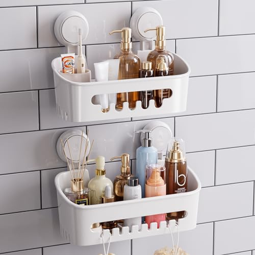 LEVERLOC Lot de 2 paniers de douche à ventouse pour accessoires de salle de bain Blanc