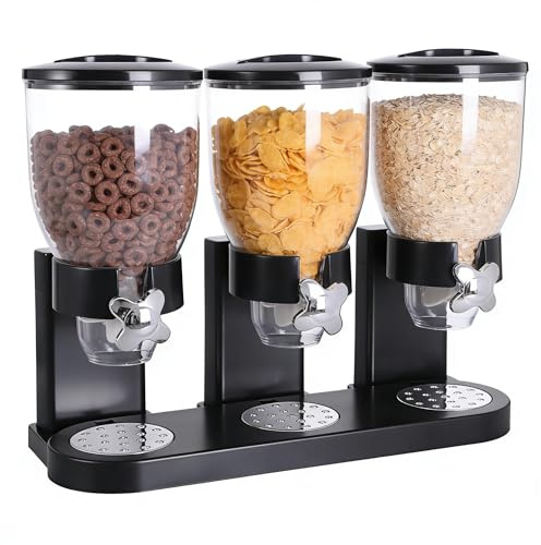 NCONCO Triple Cereal Dispenser, 17.3x6.3x13.8 Inches Classic Dry Food Canister Countertop Storage Container with Transparent Window Removable Lids for Cereal Oats Candy Rice Nuts Beans