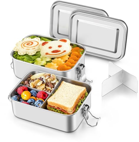 Onader Edelstahl Brotdose mit Fächern 2er Set, 850ml Bento Box mit Deckel | Metall Lunchbox mit Abnehmbar Trennwand, Lunch Box Snackbox für Kinder & Erwachsene, Auslaufsicher & Spülmaschinenfest