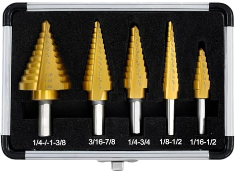 GREATRICH 5-teilig Stufenbohrer Metall Set, Kegelbohrer (5 – 13 mm, 3 – 13 mm, 6 – 19 mm, 5 – 22 mm, 6 – 35 mm), Bohrer Set mit Aluminium-Etui aus HSS-Stahl für Metall, Aluminium, Holz & Kunststoff