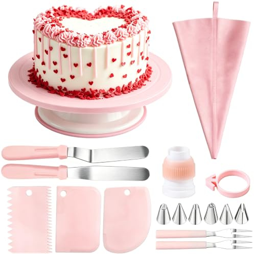 xolear 17 Stück Rosa Tortenplatte Drehbar 28cm für Anfänger und Profis | Drehteller Torte mit 6 Zoll Kuchenschabern Tortenspachtel, Spritzbeuteln und 6 Spritzspitzen, für Backen, Kuchen Dekorieren