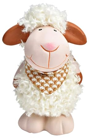 TEMPELWELT® Deko Figur Schäfchen Schaf mit Halstuch 13 cm, Ton mit Kunstfell weiß braun, Lämmchen Wollschaf Dekofigur Tierfigur für Frühling Ostern Sommer