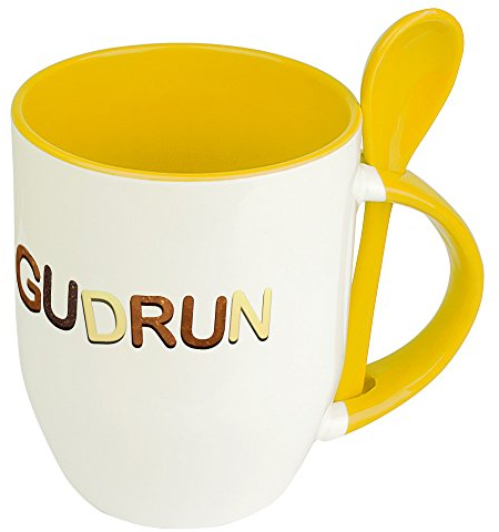 Namenstasse Gudrun - Löffel-Tasse mit Namens-Motiv Schokoladenbuchstaben - Becher, Kaffeetasse, Kaffeebecher, Mug - Gelb