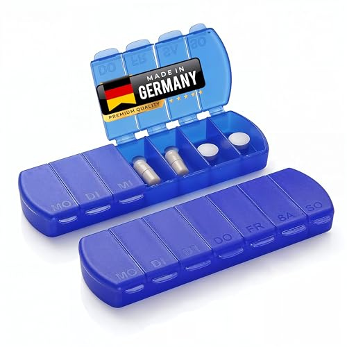 MAXBOX 2er Set Tablettenbox 7 Tage, Pillenbox mit getrennten Fächern (2 Stück, blau) für unterwegs und daheim