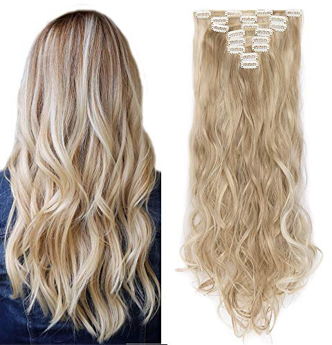 SEGO Clip in Extensions Haarverlängerung Haarteil 8 Tressen wie Echthaar gewellt Sandy Blonde & Blond Bleichen 24(61cm)