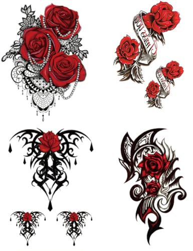 Yesallwas 4 Sheets Large Temporary Tattoo Sticker Fake Tattoos for Women Girls Models,Waterproof Long Lasting Body Art Makeup Sexy Realistic Arm Tattoos -Rose, Flowers,Jewelry 5.9x8.26inche (A)