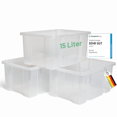 Novaliv 4 cajas de almacenamiento sin tapa, 15 L, transparentes, apilables, caja de plástico sin BPA, 39 x 28,5 x 19,5 cm