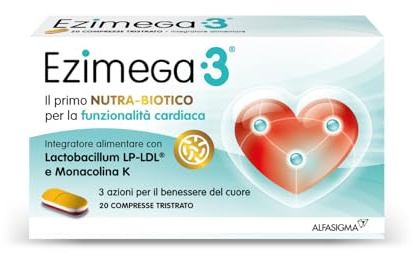 Ezimega 3, Integratore per il Colesterolo a Base di Monacolina K, Resveratrolo, Coenzima Q10, Lp-Ldl Probiotico Lactobacillus Plantarum, Acido Folico, 20 Compresse