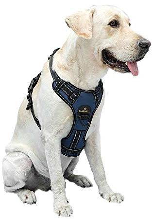 MASBRILL Hundegeschirr Grosse Hunde, Anti Zug Geschirr Hunde Brustgeschirre Einstellbar und Reflektierend, Weich Atmungsaktiv Gepolstert Hundegeschirr mit Grifff für Walken(Blau L)