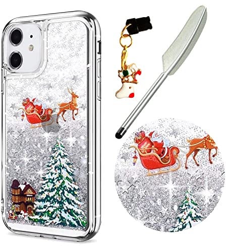 Reevermap iPhone 12 Case Christmas iPhone 12 Pro Case Xmas Phone Case, Protective Clear Shiny Glitter Liquid Floating Soft Silicone Santa Claus Cover for iPhone 12/12 Pro, Silver