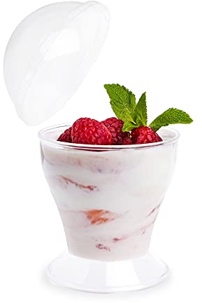 Tiny Temptations 6 Pack Elegant Plastic Dessert Cups with Dome Lids - Reusable Small Dessert Bowls with Lids - 6oz (180ml) - Clear