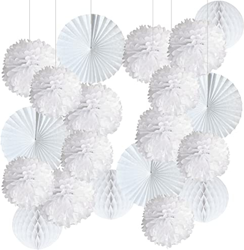 20er Weiss Deko Seidenpapier Pompons, Dekorpapier Blumenpuscheln Papier, Rosetten, Fans Fächer, Papierfächer, Wabenbälle. Dekoration Hochzeit, Taufe Mädchen, Baby Shower, Geburtstag Party