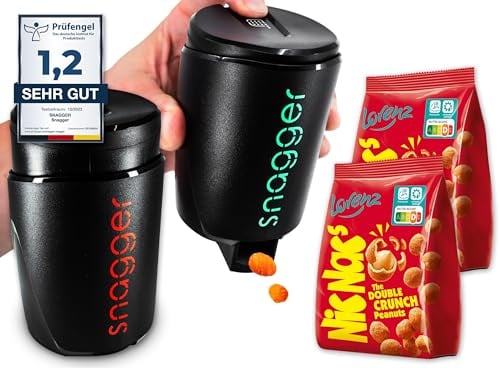 snagger,El dispensador de aperitivos // las manos limpias al hacer aperitivos // Adecuado para cacahuetes, NicNacs, regalos de gamer, dispensador de Nicnac // (pack doble negro).