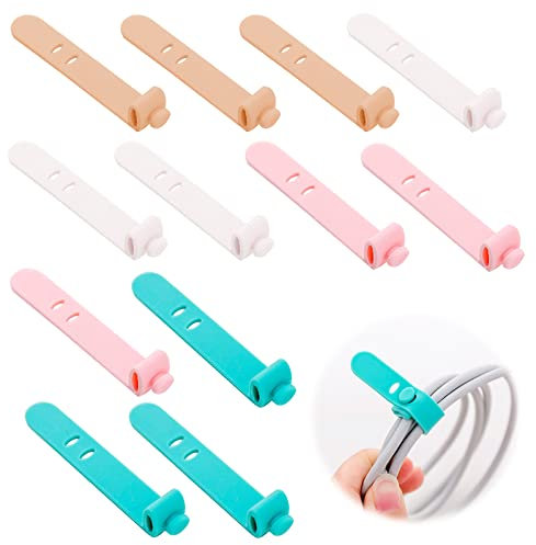 12 pcs Silicone Cable Ties,Reusable Cable Ties, Cord Organizer Headphone Cable, Cable Straps and Earphone Tidy Wrap Hook and Loop, Cable Winder for Phones, Headset, PC Computer Cable
