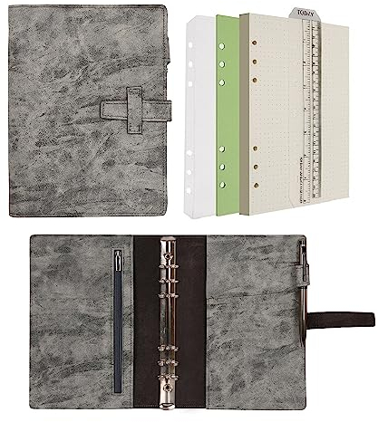 Wonderpool A5 Leder Ringbuch Tagebuch Notizbuch Organizer Ordner - Nachfüllbar Gepunktetes Papier und Multi Taschen für Business Studium Reisen (A5, Grau)