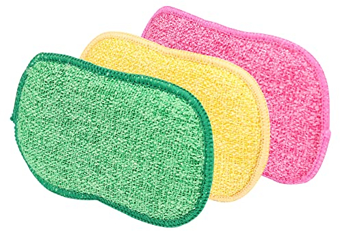 AUERVO Paquete de 3 Estropajos de Cocina, Esponja de Limpieza de Esponja de Cocina de Microfibra Antiarañazos, Platos, Ollas y Sartenes, Reutilizable, de Doble Cara