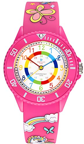 Alienwork Licorne Fille Montre Pédagogique Apprendre l'Heure Enfants Fille Rose Bracelet en Silicone Multicolore Enfants Résistant à l'eau 5 ATM Temps d'apprentissage