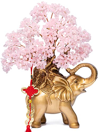 GEMBOURY Rosenquarz Kristall-Geldbaum auf goldener Elefantenstatue, 43,2 cm großer Edelstein, Bonsai-Baum des Lebens, Heimdekoration, Geschenke für Reichtum, positive Energie, Feng Shui Dekor