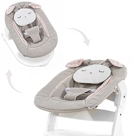 hauck Alpha Bouncer 2in1, Powder Bunny Beige Bloom – Babyschale für Alpha+ Holzhochstuhl mit Hüpfrahmen, 3-Punkt-Hüftgurt & Kissen, ab Geburt bis 9 kg