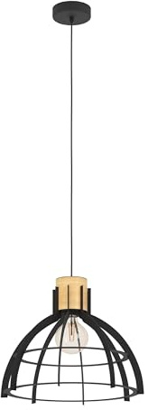 Eglo Pendant Lighting Stillington, Ceiling Light Fitting | hanging lamp for dining and living room made of black metal natural-coloured wood, E27 socket