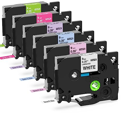 MarkField 6x Schriftband für Brother P-Touch Bänder TZe-221, 9mm x 8m, Laminierte Pastell Etikettenband, Kompatibel mit Brother Beschriftungsgerät PT-H105 H100LB H101C H110 H200 1000 Cube