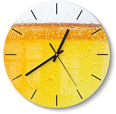 DEQORI Glasuhr | rund Ø 30 cm | Motiv Bier mit Schaumkrone | ausgefallene leise Design Uhr aus Glas | Wanduhr für Wohnzimmer & Küche | moderne Hingucker Uhr für die Wand