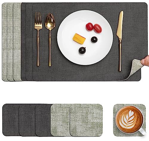 Myir JUN Tischsets Abwaschbar Leder und Untersetzer, Doppelseitigen Platzset 6er Set rutschfest Platzdeckchen Leder Kunstleder Tischset (Grau Grün, 6er Set)